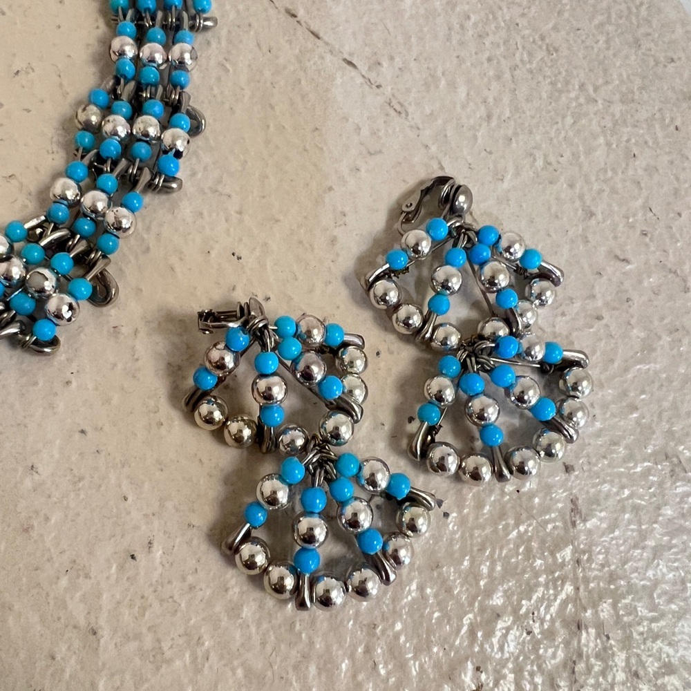 1970's Silvertone Turquoise Safety Pin Necklace & Earring Set Southwestern‎ - Picture 4 of 12